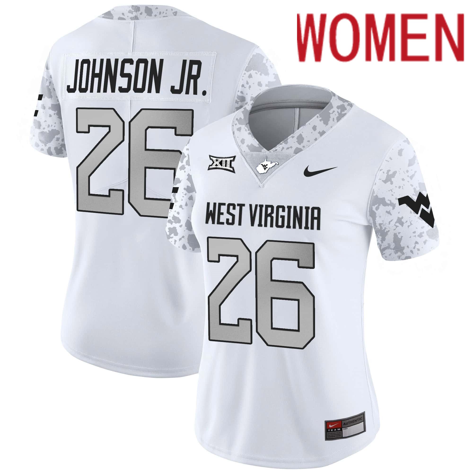 Women West Virginia Mountaineers #26 Johnson jr White 2024 Nike Vapor Limited NCAA Jersey->women nfl jersey->Women Jersey